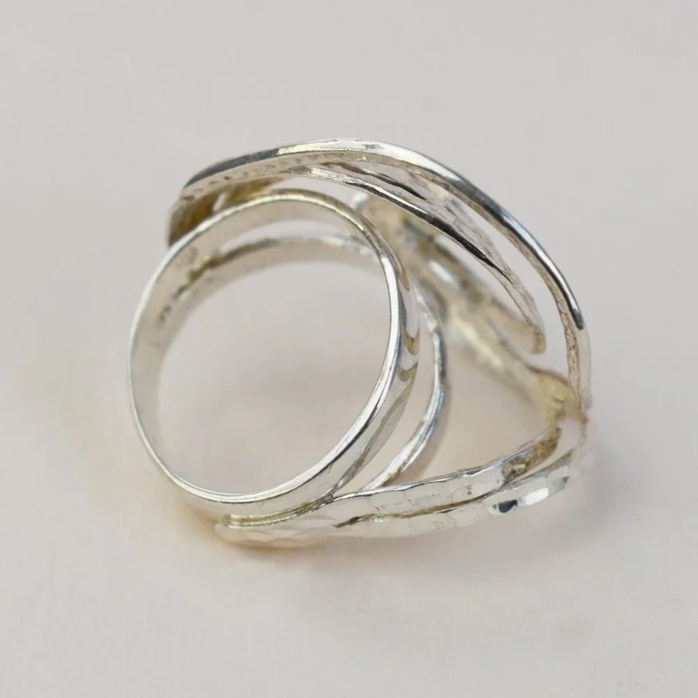 Bold extravagant silver ring for women, unusual large stoneless ring size 6 US